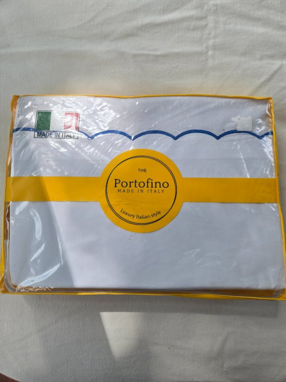 Portofino Embroidered Blue Scalloped KING Size Cotton Sheet Set Made in Italy